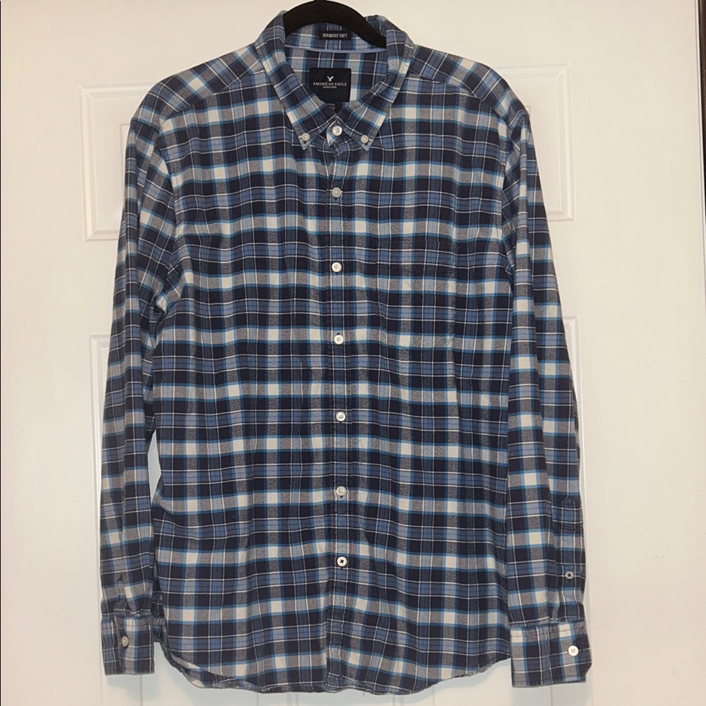 American Eagle Men's Plaid Flannel Shirt XL Blue/White Cabincore Casual Cotton